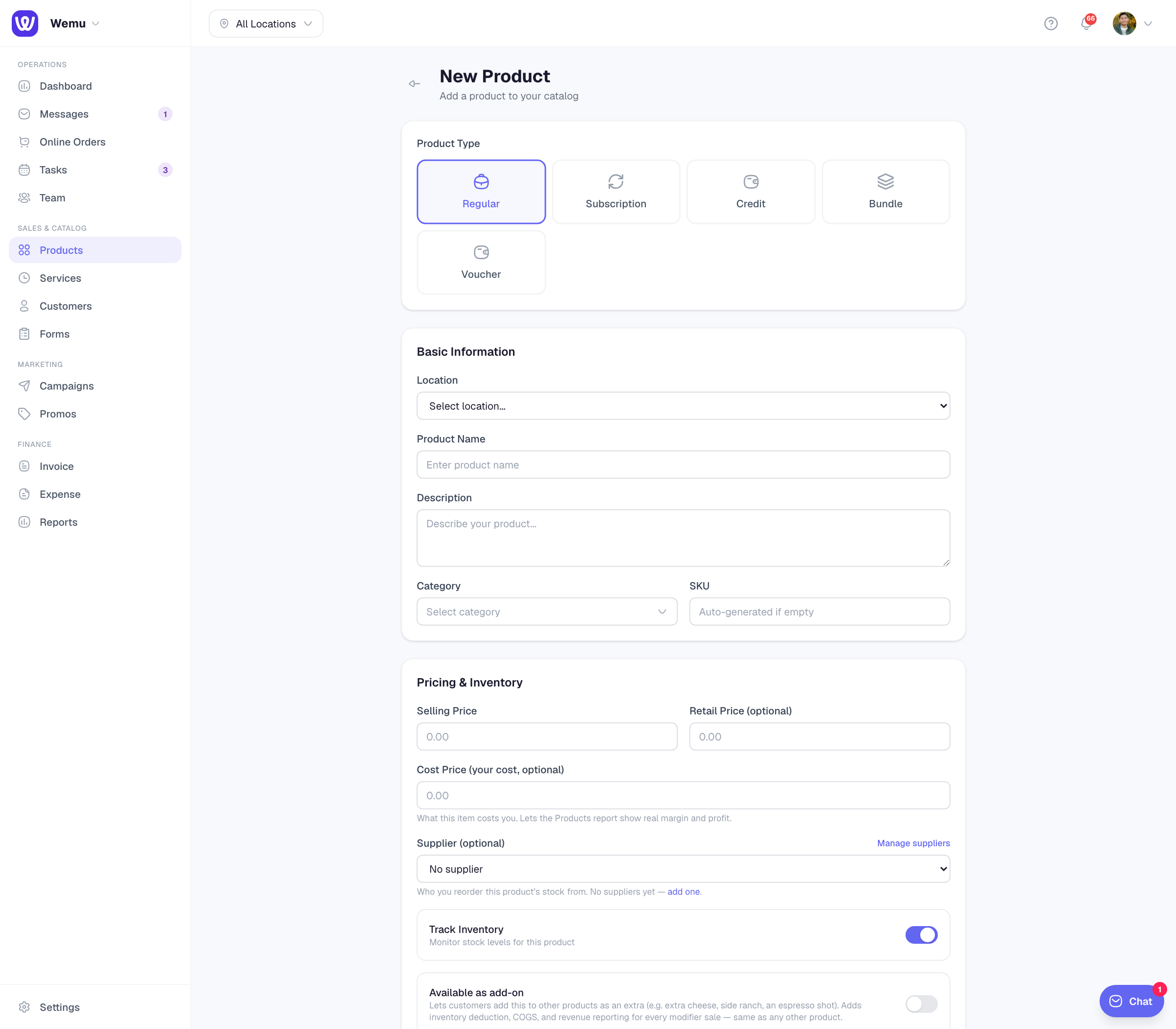 The product creation form with type selector, pricing fields, and category dropdown