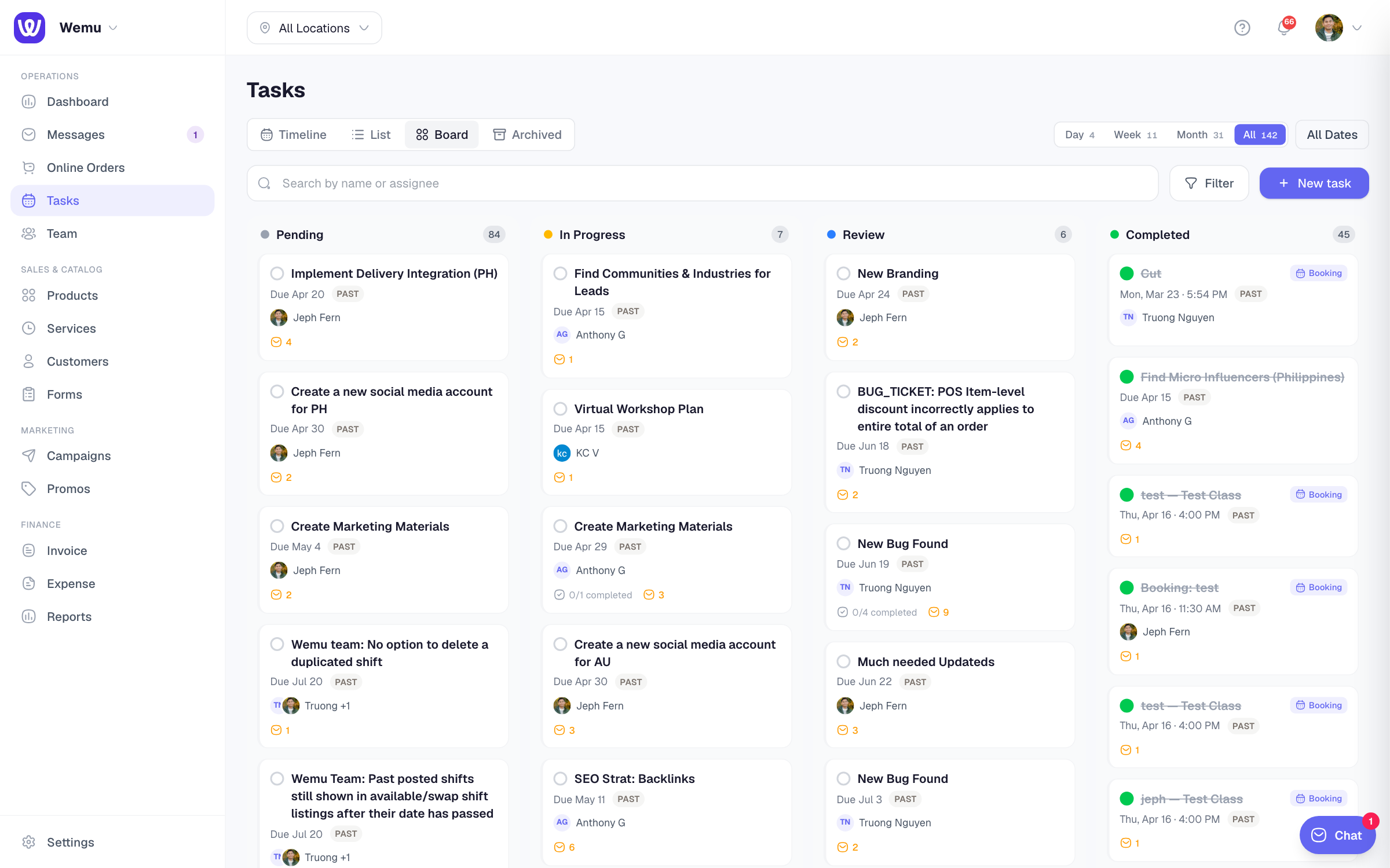 The Tasks page, with the view tabs at the top and the date range on the right