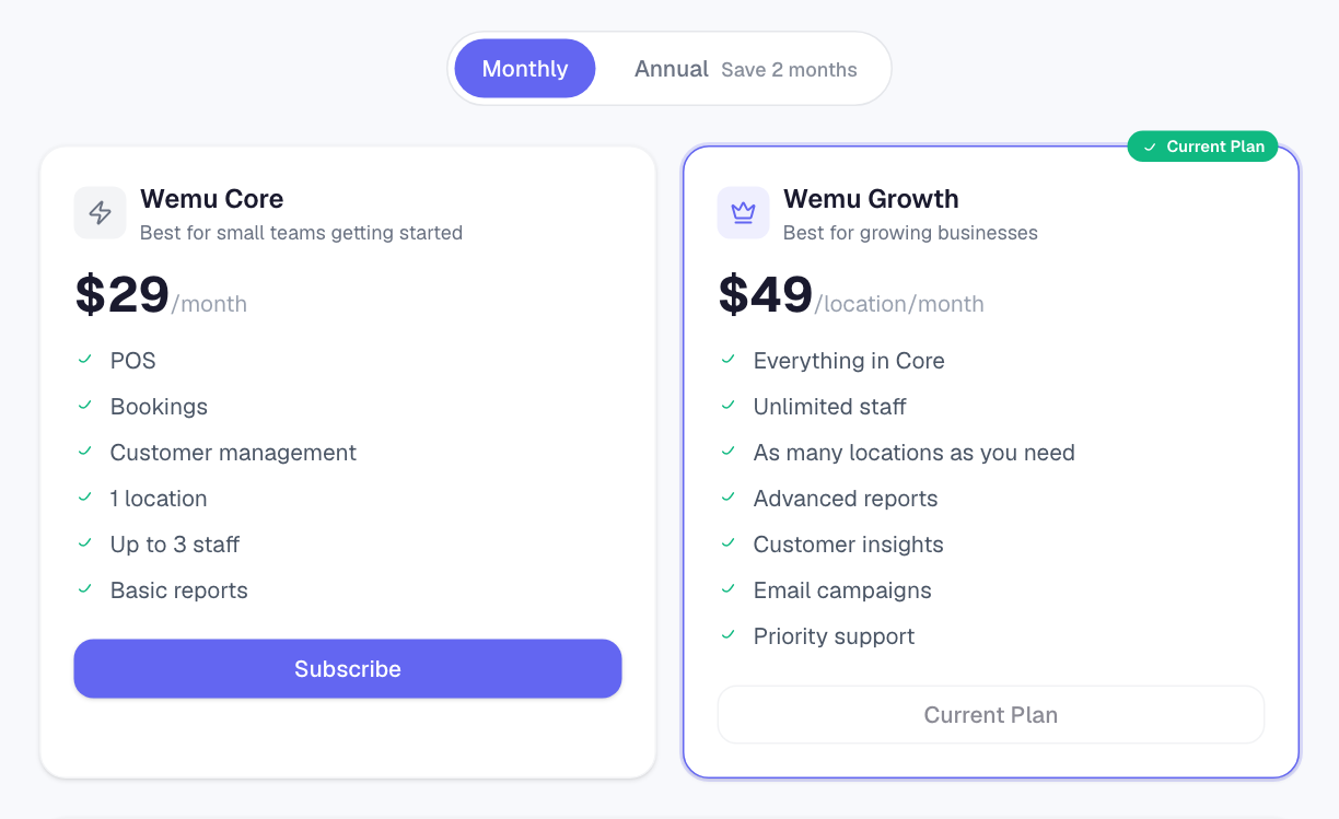 The plan cards on Settings โ Subscription
