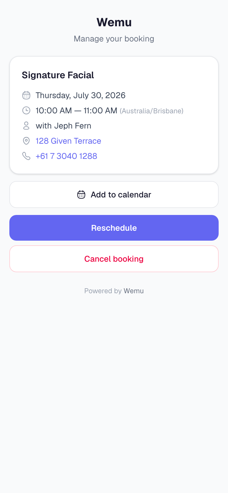 The Manage your booking page on a phone, with Add to calendar, Reschedule and Cancel booking