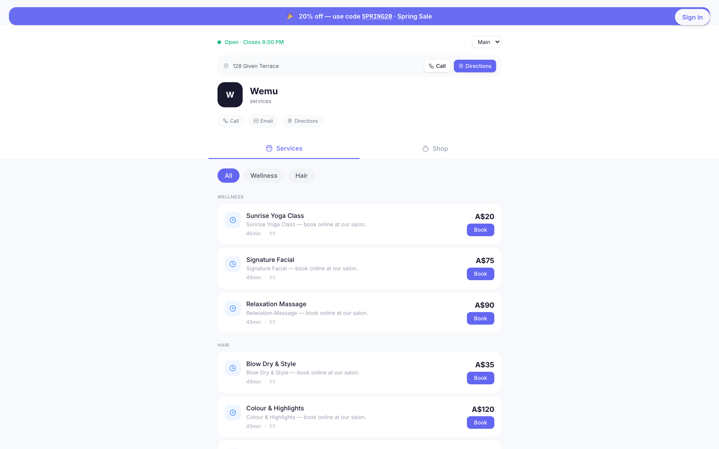 The top of a public page showing Open ยท Closes 8:00 PM, with the location picker on the right