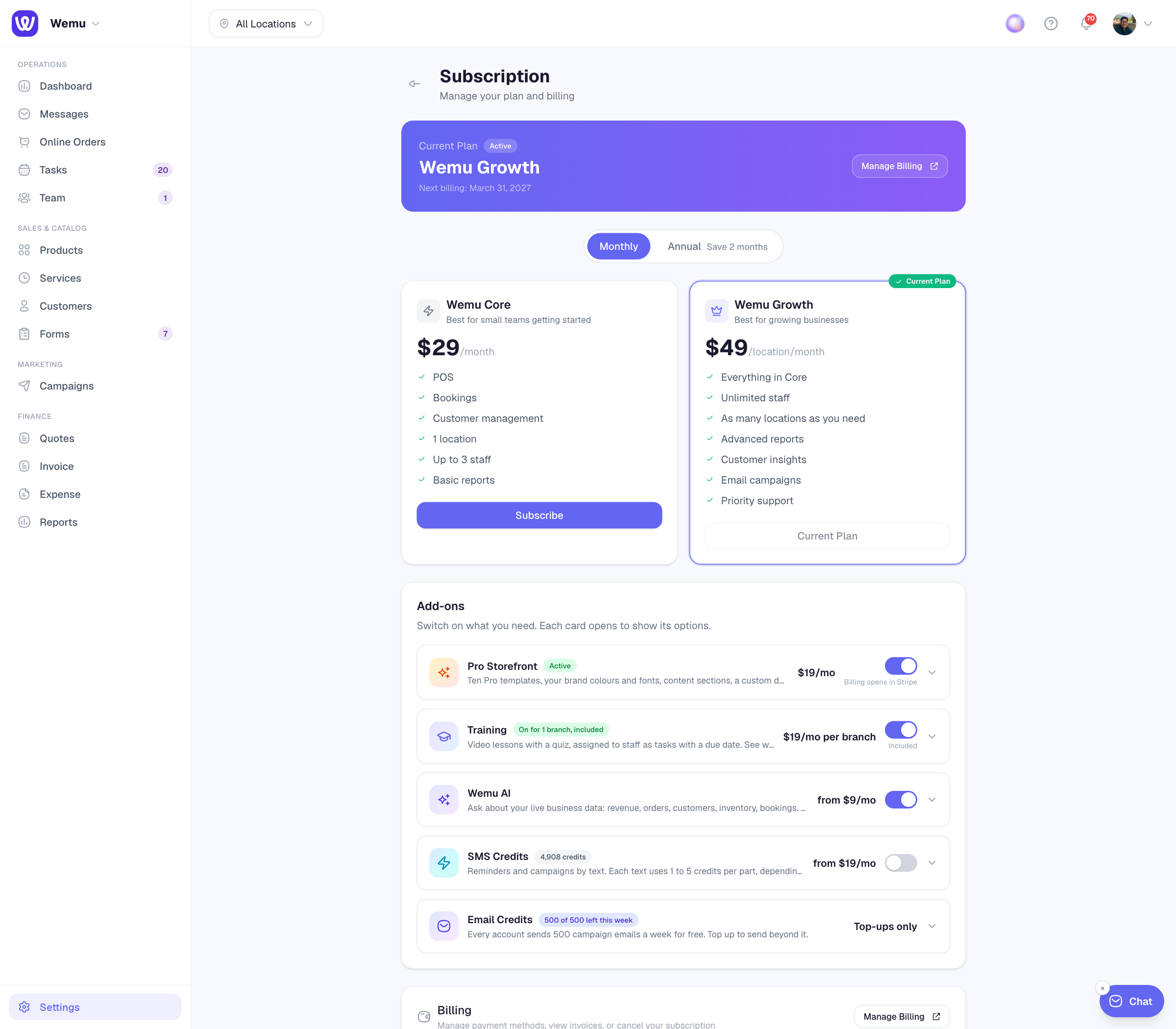 The subscription page with the current plan card at the top