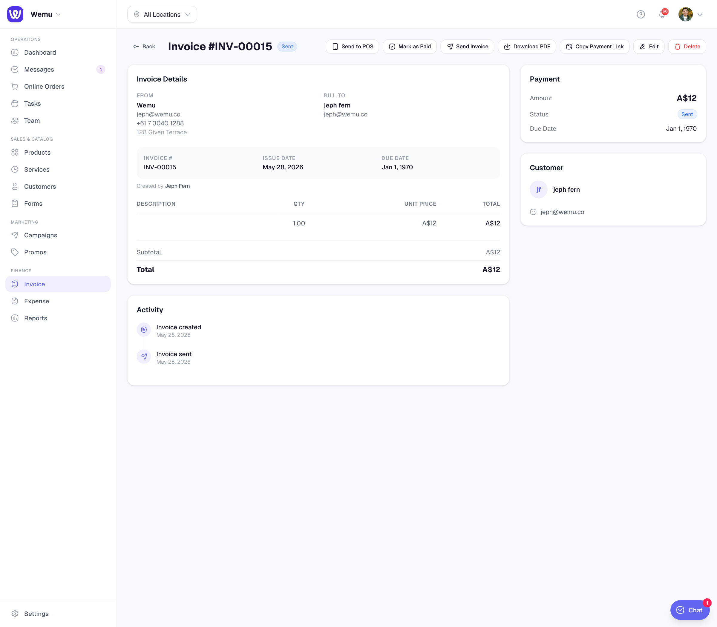 An invoice's page with Mark as Paid in the actions at the top and the Payment card on the right