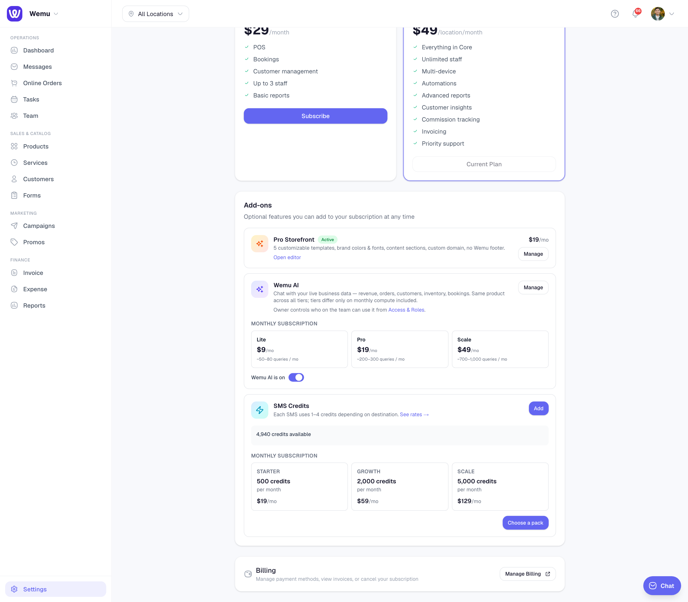 Settings โ Subscription, where Manage Billing opens Stripe's billing portal