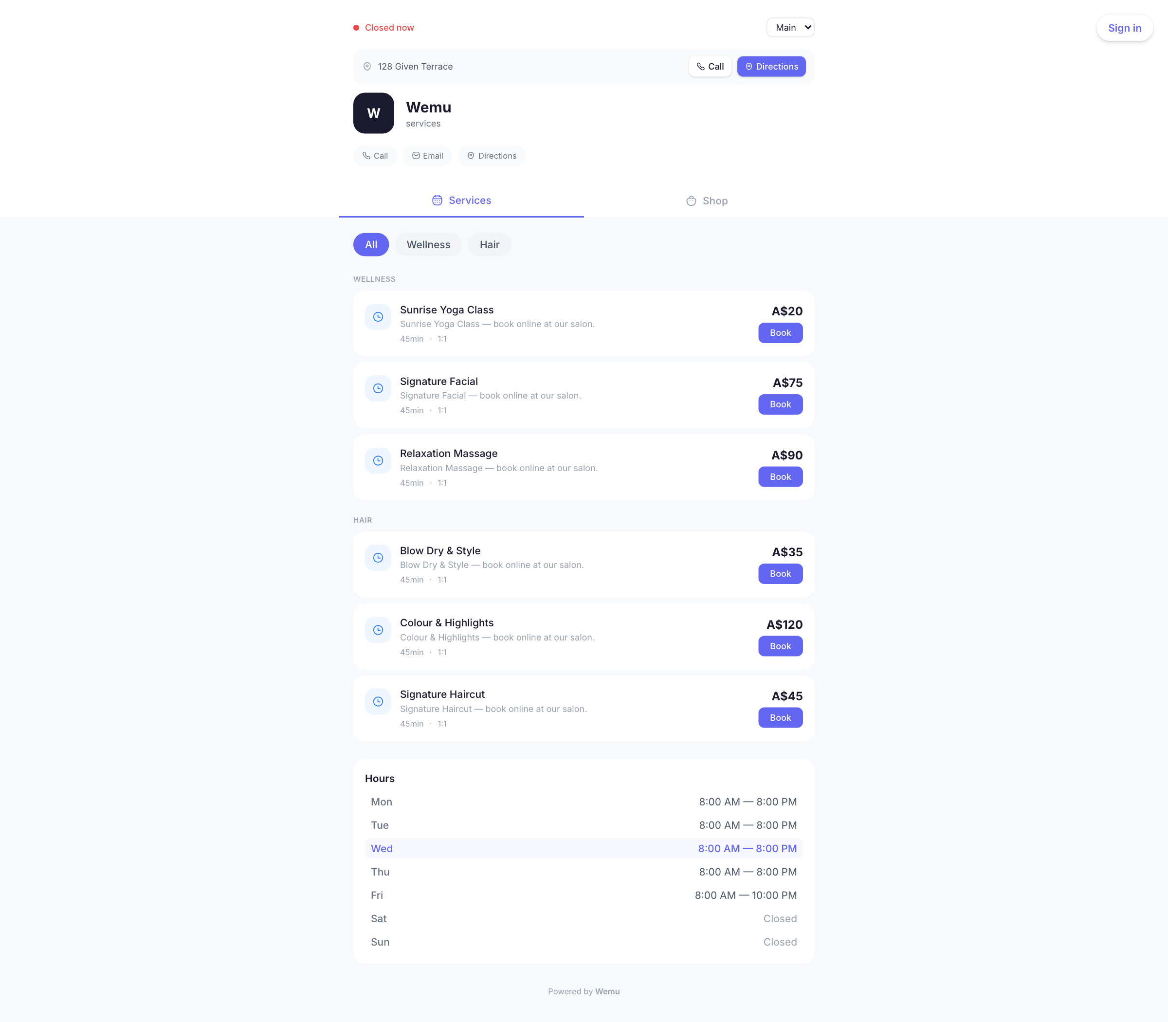 The public profile product shop with product grid, category filters, and search bar