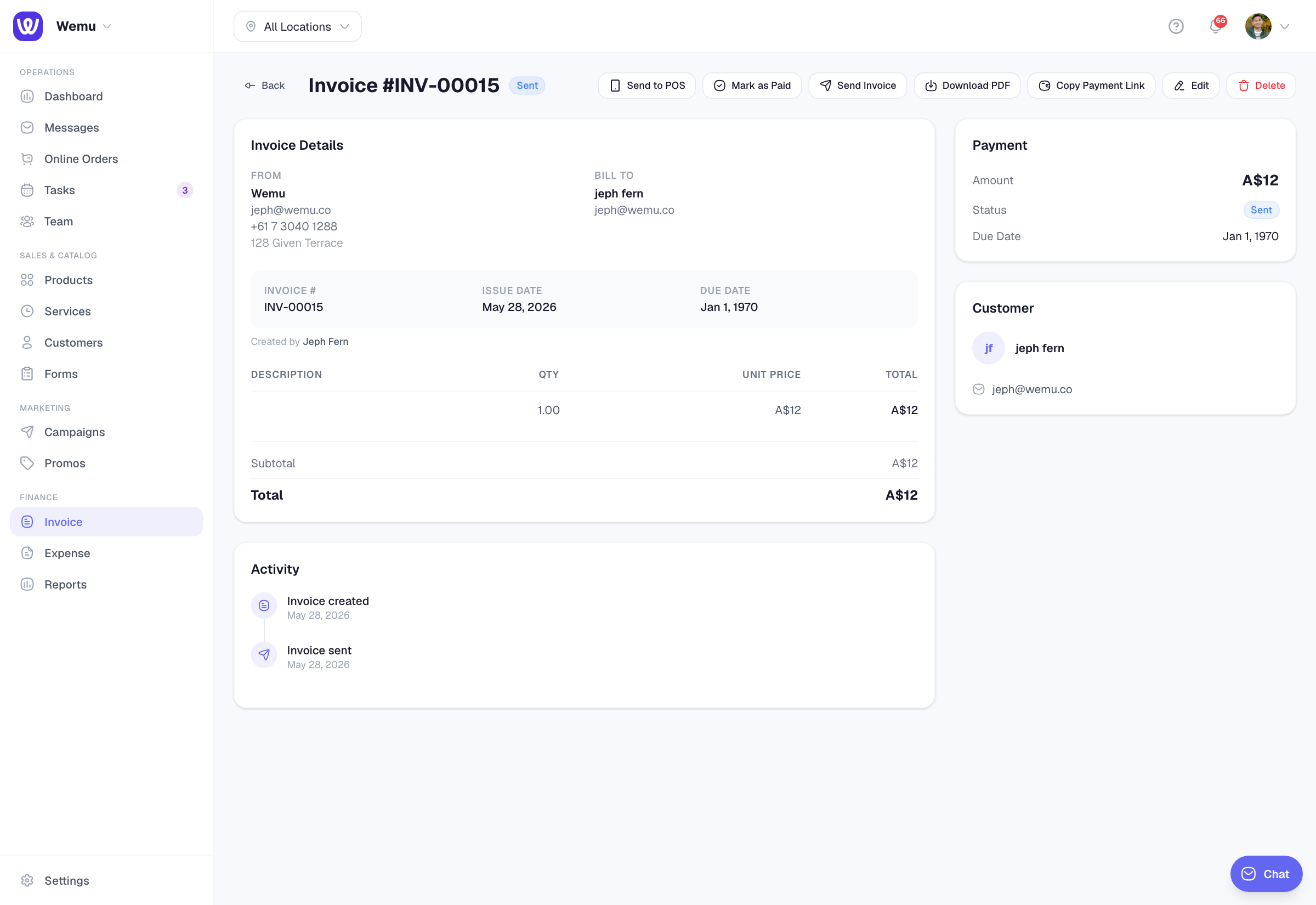 An invoice's page with Send to POS, Mark as Paid, Send Invoice, Download PDF and Copy Payment Link at the top