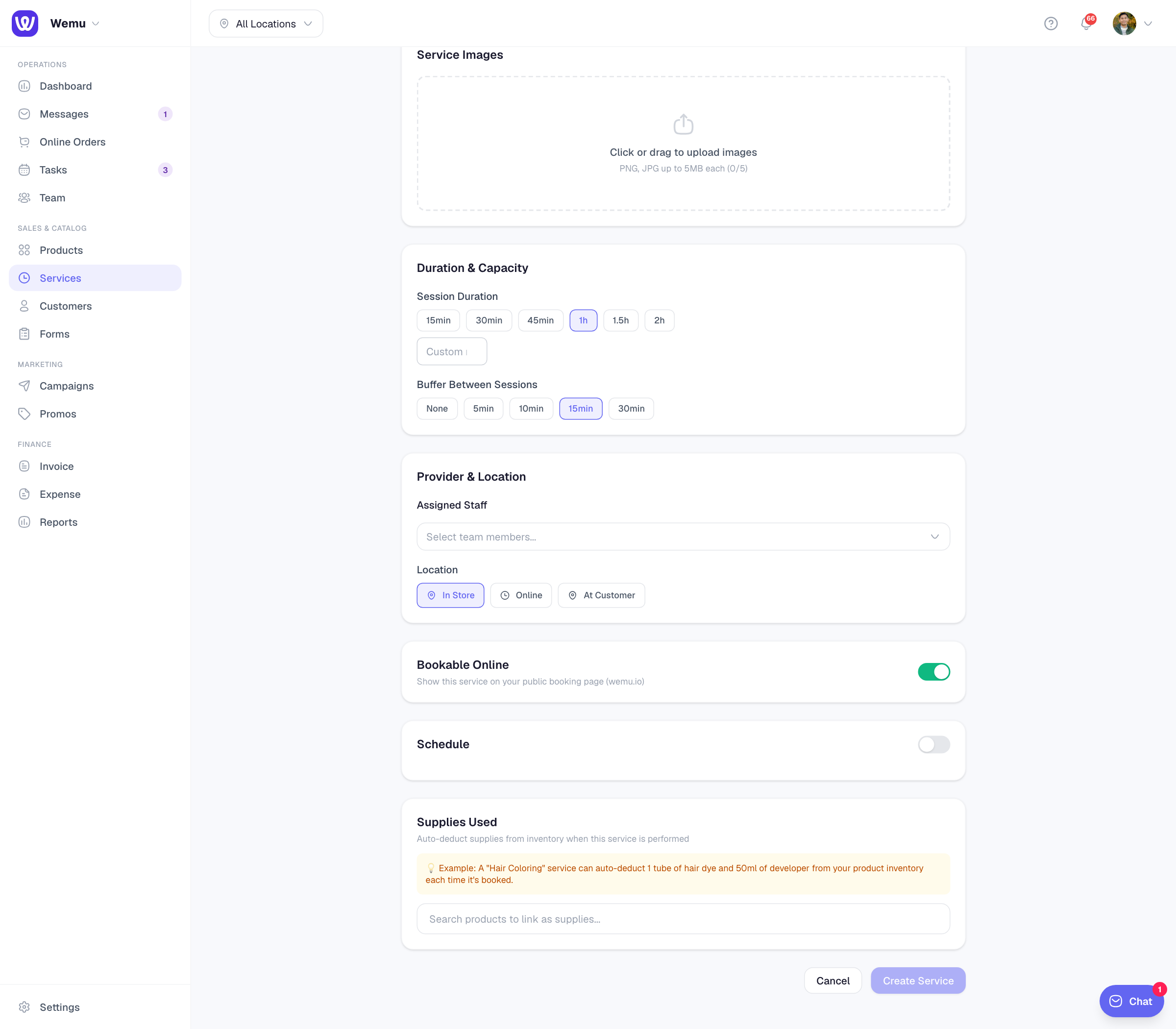 The class form's schedule and online booking settings