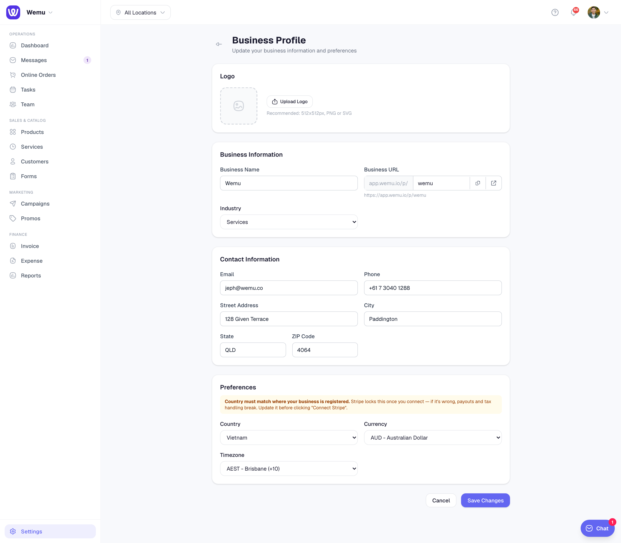 Settings โ Business Profile with the logo, business information, contact details and preferences