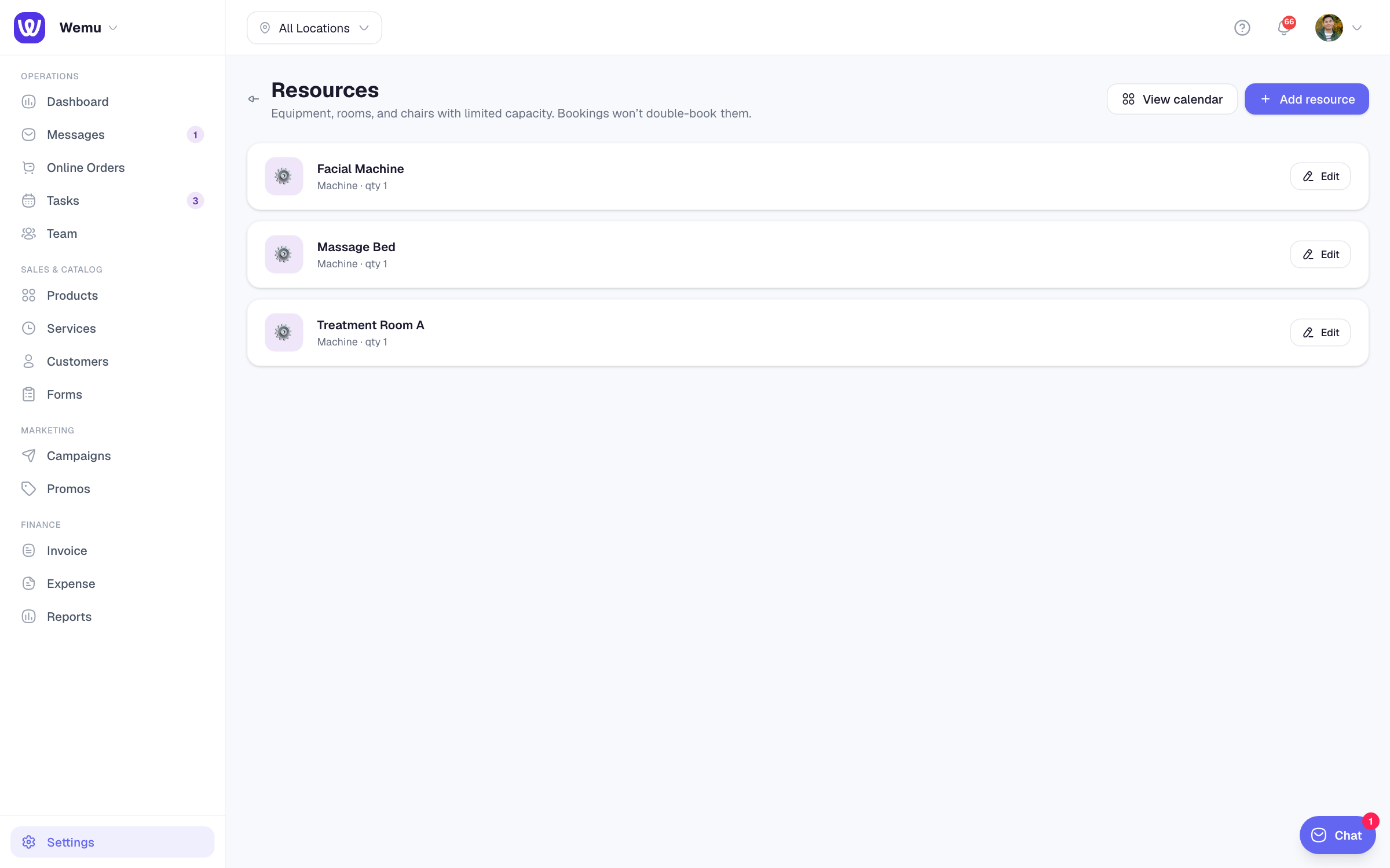 The Resources page listing a facial machine, a massage bed and a treatment room