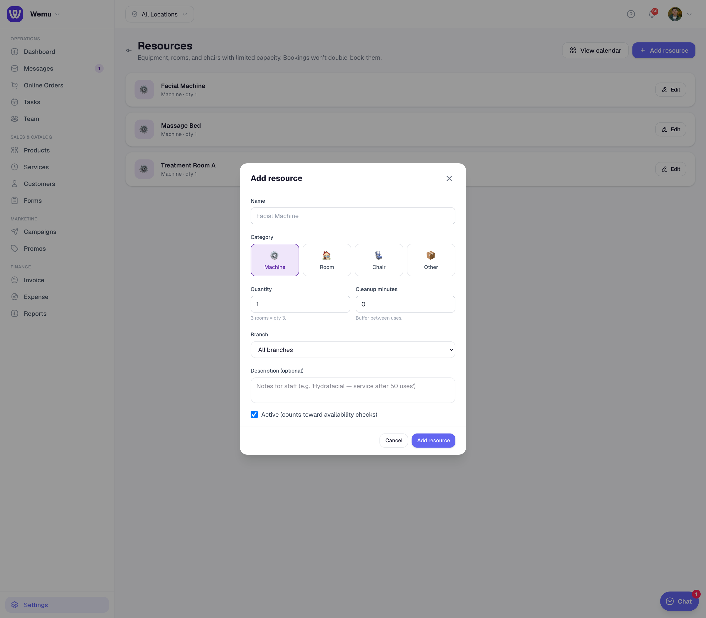 The Add resource window with name, category, quantity, cleanup minutes, branch and description