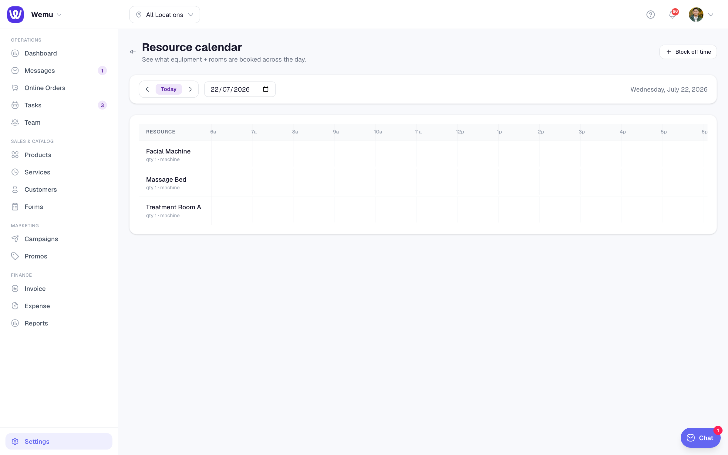The resource calendar with one lane per resource across the day