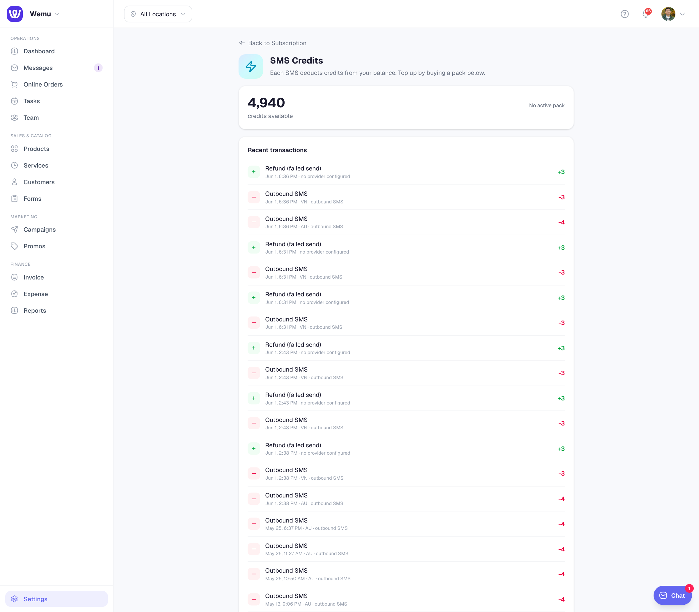 The credit balance widget showing current balance, monthly usage progress, and "Renews in N days" hint