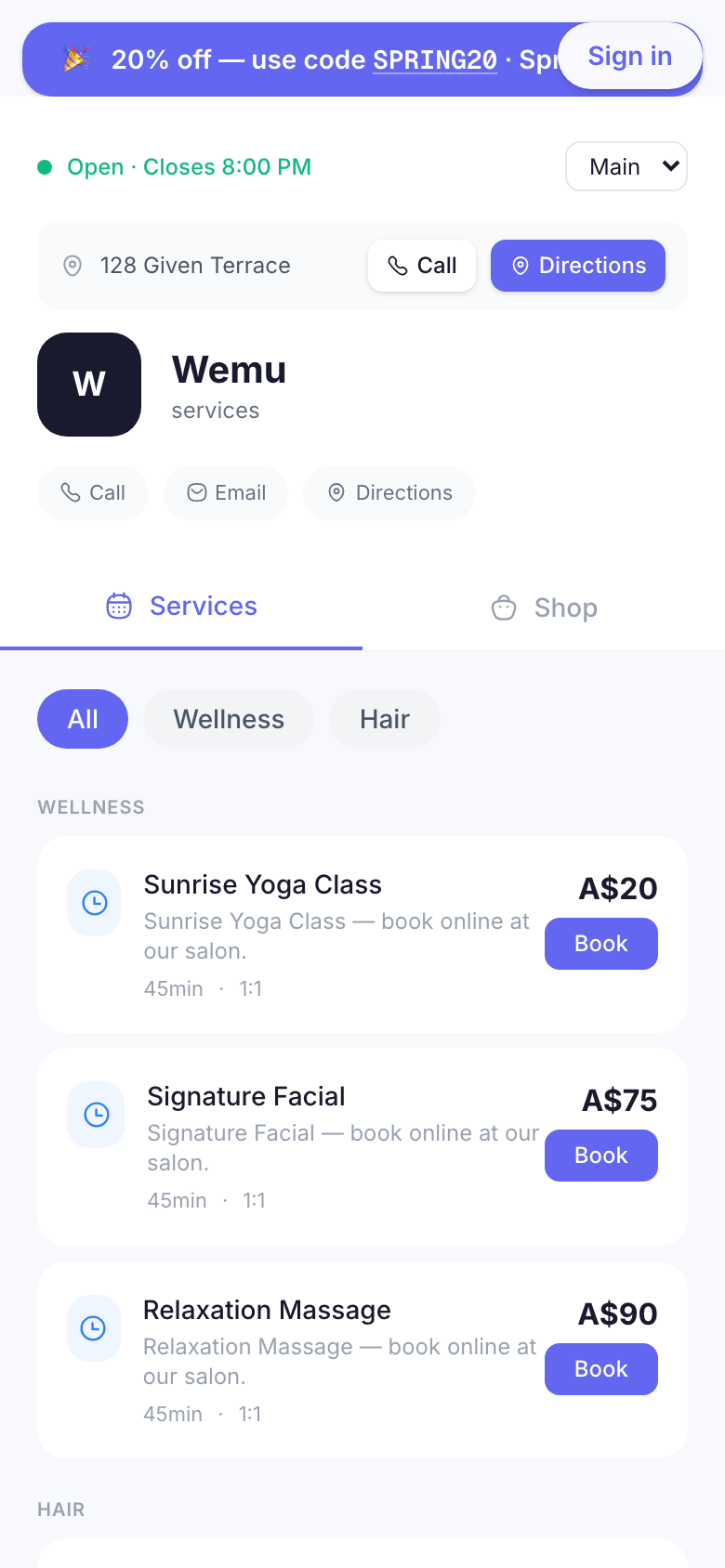 The storefront banner strip on mobile โ "๐ 20% off โ use code SPRING20"