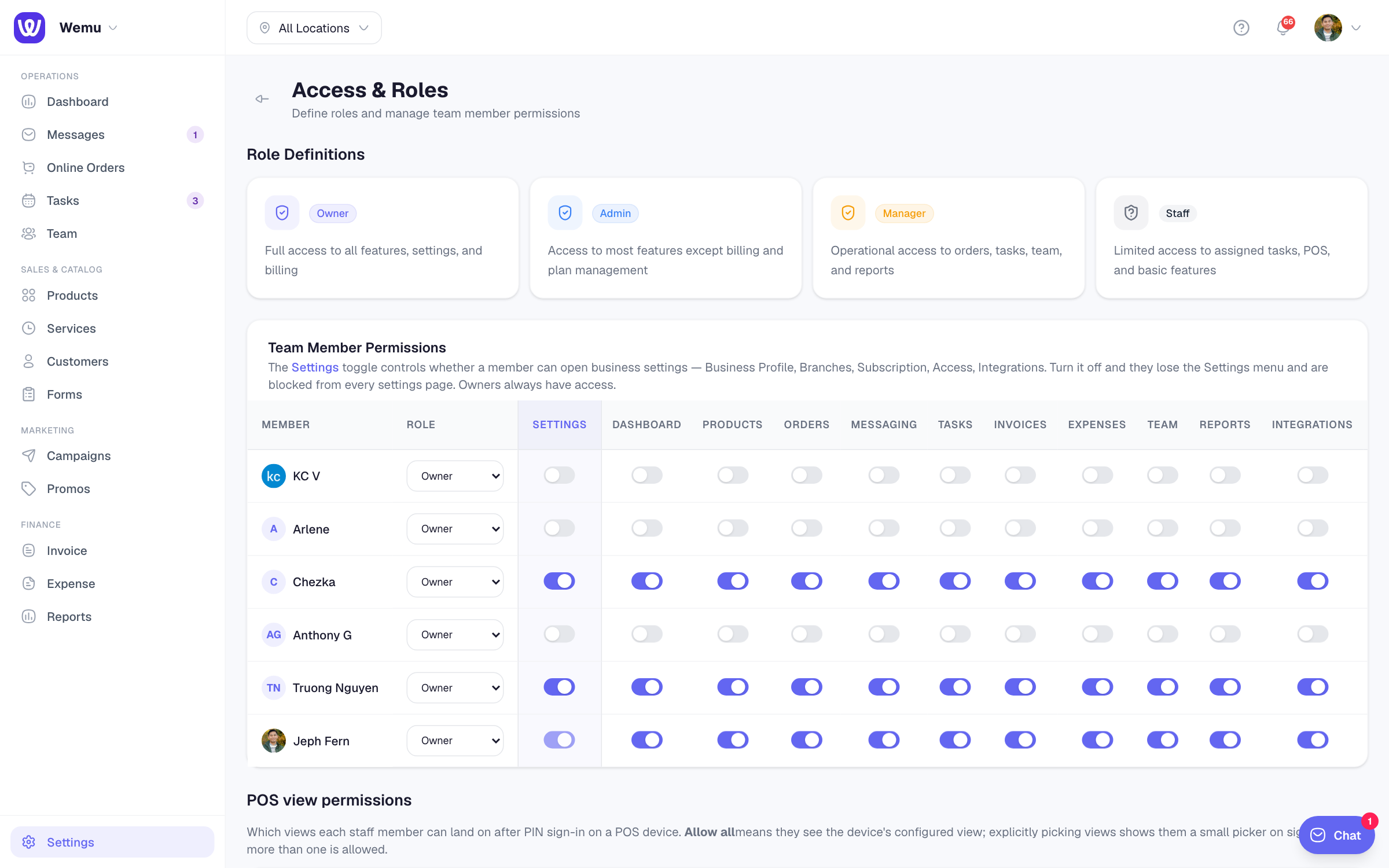 Settings โ Access & Roles, with the role definitions and the team member permissions table