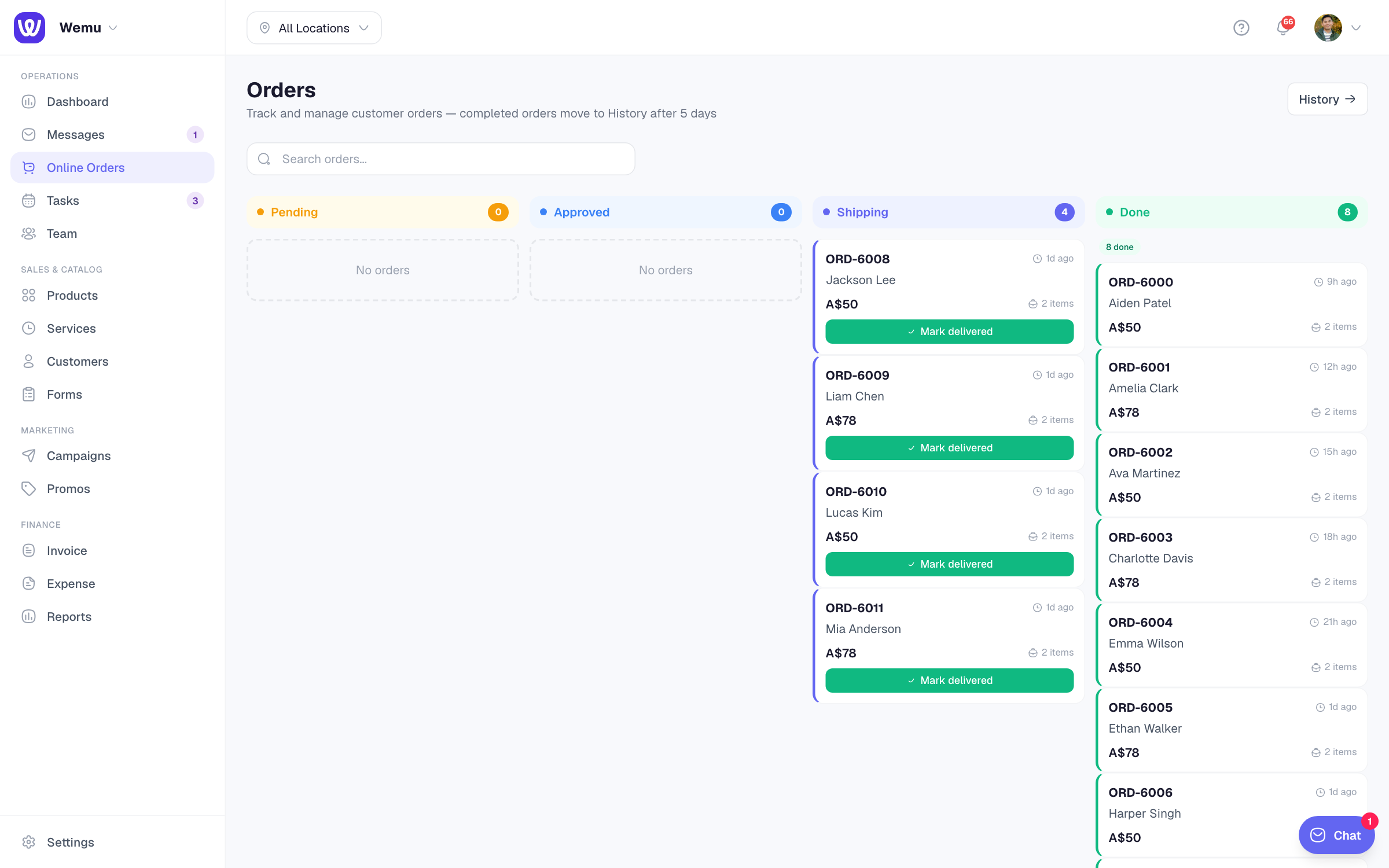 The Online Orders board with Pending, Processing, Shipped and Delivered columns