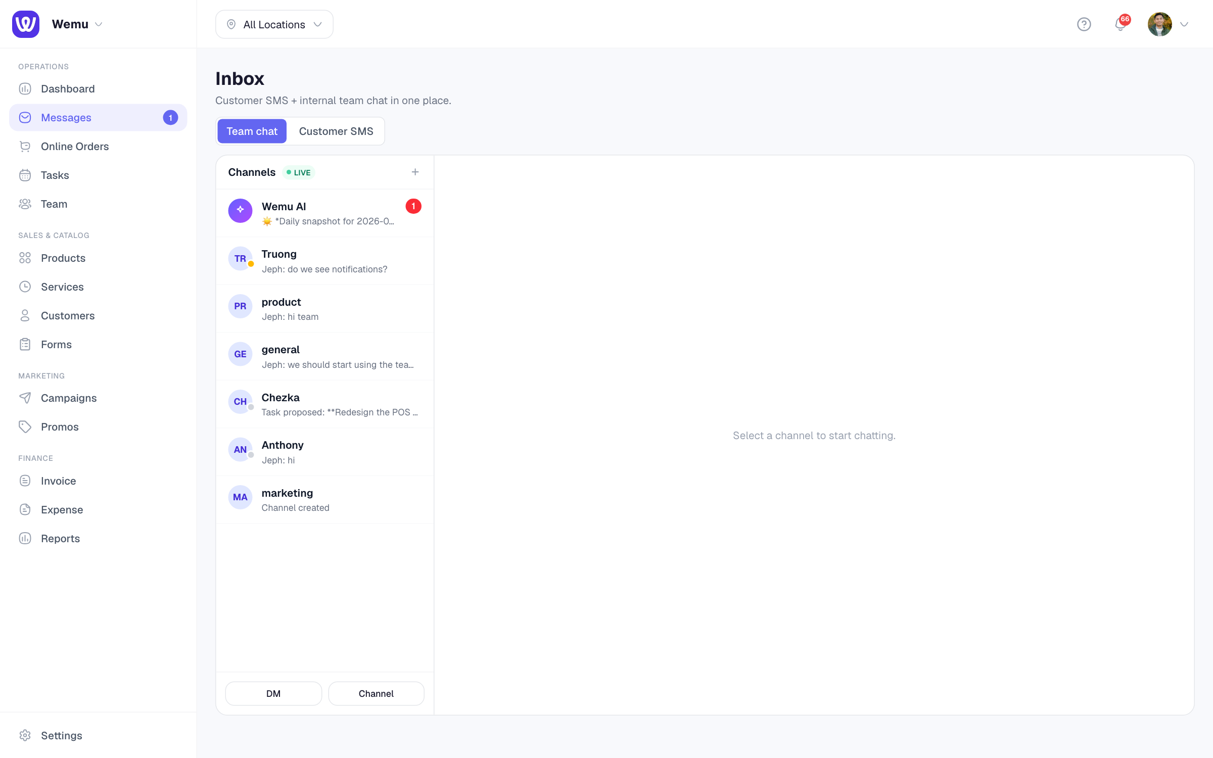 Messages with the Customer SMS tab open: conversations on the left and a thread on the right