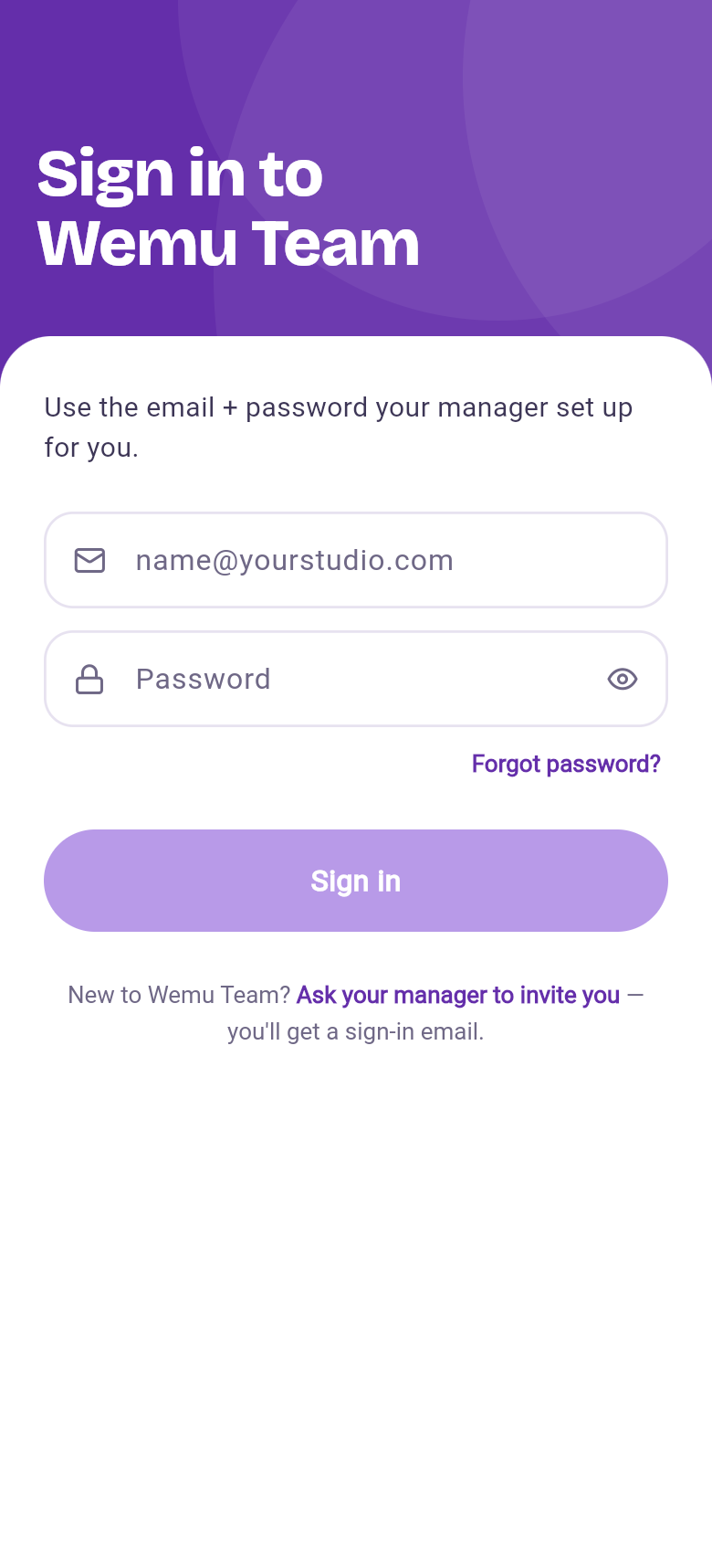 The Wemu Team sign-in screen with email and password fields