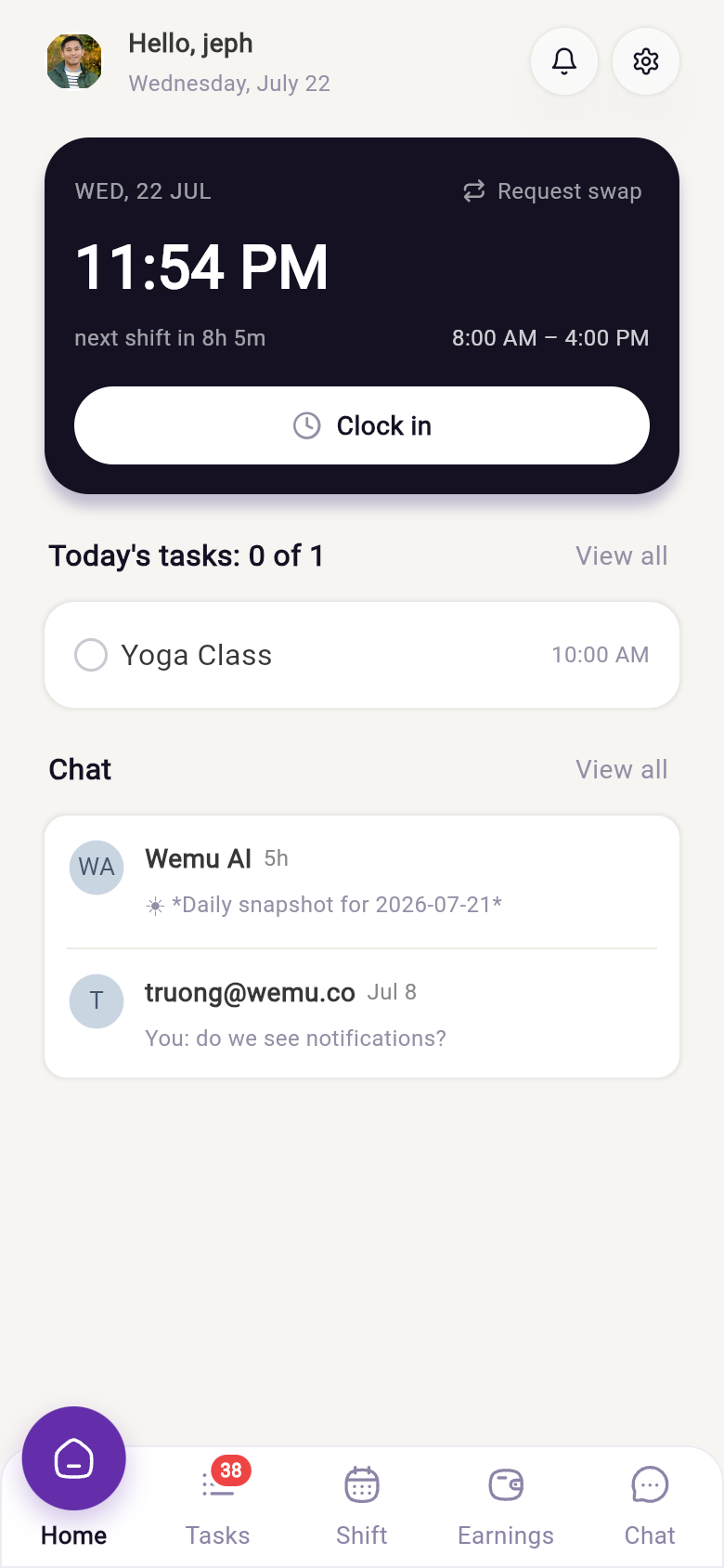 The Team app with its Chat, Tasks, Shift and More tabs