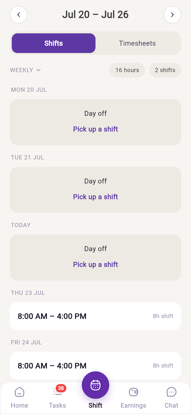 The Shift tab with today's clock card and your rostered shifts